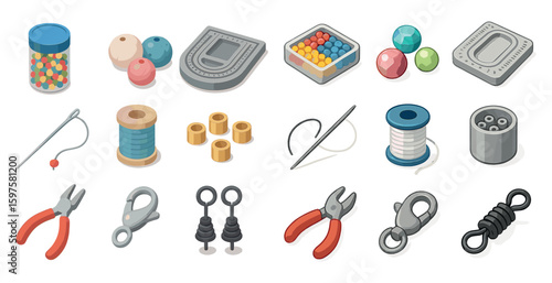 Jewelry making isometric icons set – crafting, beadwork, tools and design symbols