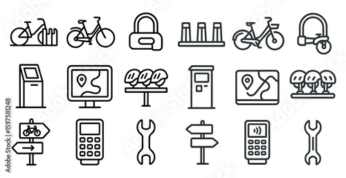 Bicycle and transportation outline icons set – line, wheels, cycling and commuting symbols