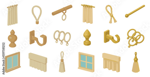 Home decor isometric icons set – interior, furniture, curtain illustrations
