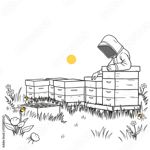 A beekeeper tending hives in the orange glow of evening