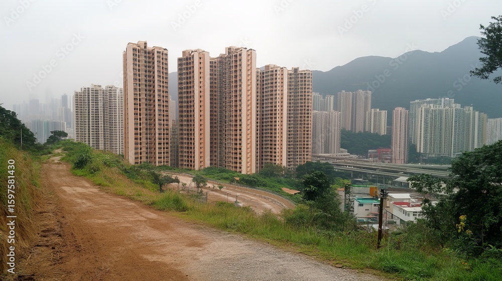 Fototapeta premium Dirt path winds upward, overlooking city high-rises