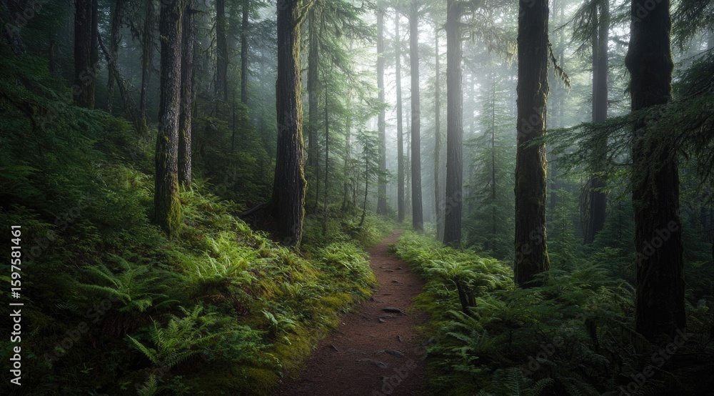 Obraz premium Misty forest trail through ferns
