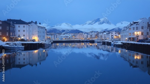 Wallpaper Mural Snowy harbor town at dawn, calm water reflecting buildings and mountains Torontodigital.ca