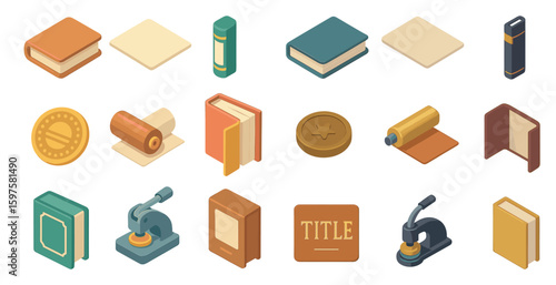 Library and learning isometric icons set – books, education, study tools collection