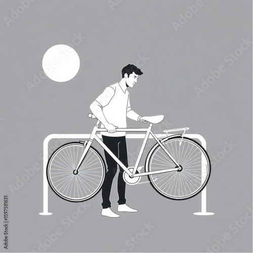 A man unlocking a bicycle from a rack by moonlight