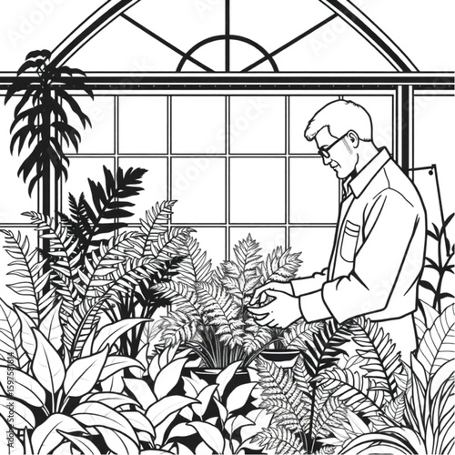 A botanist arranging rare ferns at a conservatory window