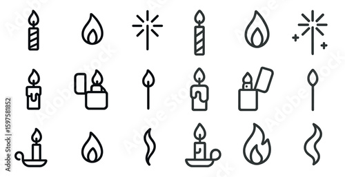 Candle and fire icons set – outline, linear, flame and light symbols