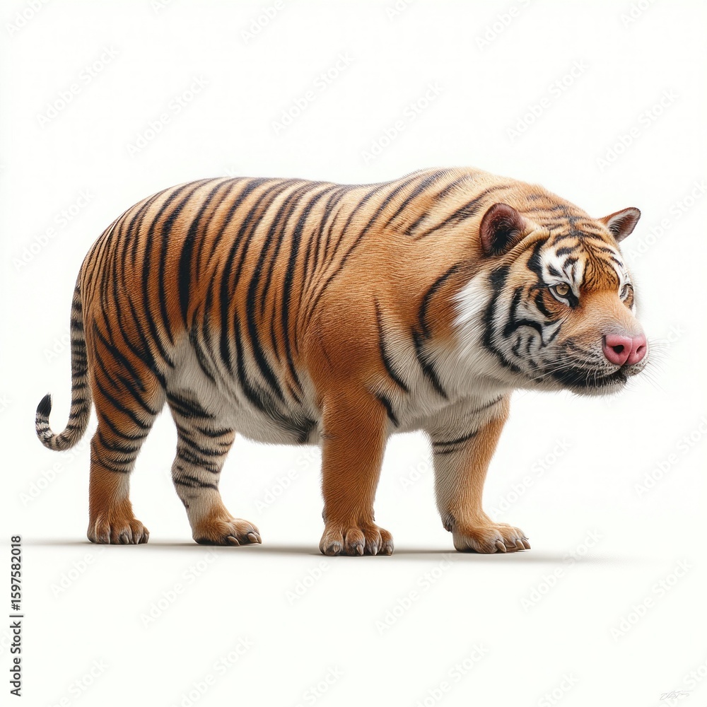 Obraz premium An illustrated tiger stands proudly on a white background, showcasing its distinctive orange and black stripes.