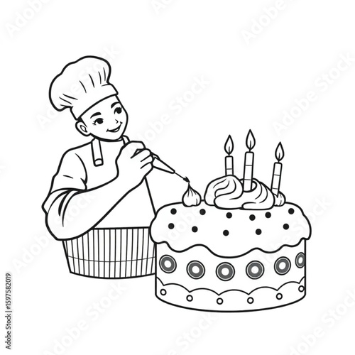 A pastry artist piping frosting onto celebration cakes