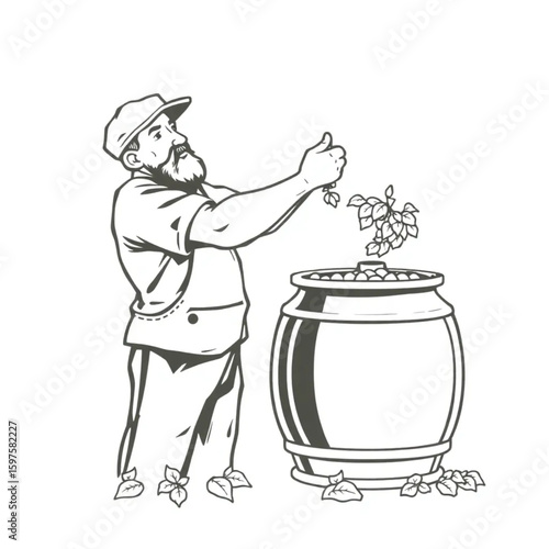 A brewer stirring hops in a copper kettle