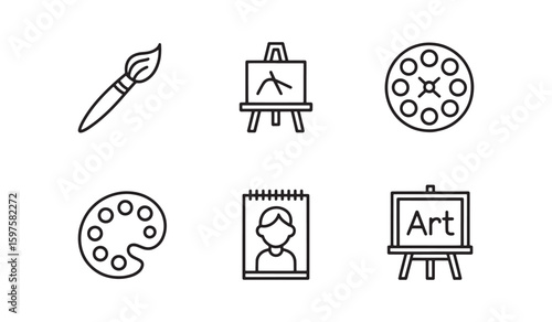 Set of six black line art icons related to painting and art creation artist brush