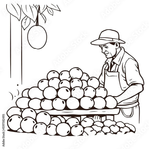 A fruit vendor piling ripe peaches on a market stall