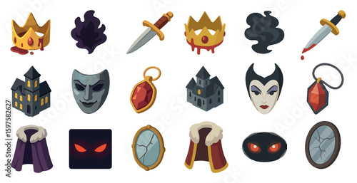 Fairy tales and fantasy icons set – flat, filled, magical and mythical symbols