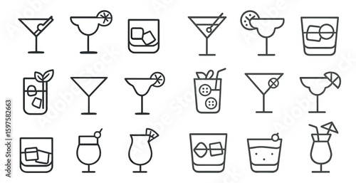 Cocktail and drink outline icons set – line, silhouette, beverage and bar collection