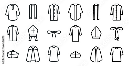 Religious apparel outline icons set – clerical, vestments, worship symbols