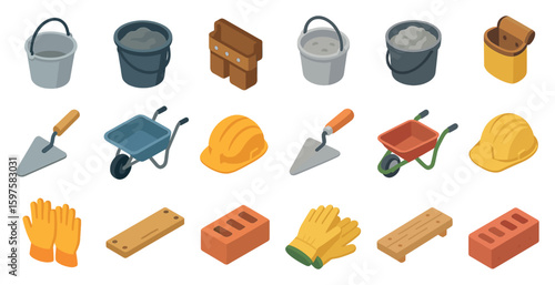 Construction tools isometric icons set – flat, building, architecture symbols