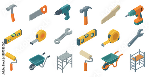 Construction tools icons set in isometric style – hardware, diy, building symbols