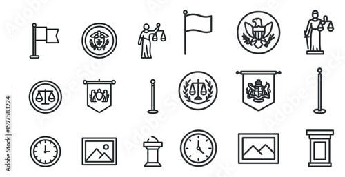 Justice and law line icons set – silhouette, legal, courtroom symbols