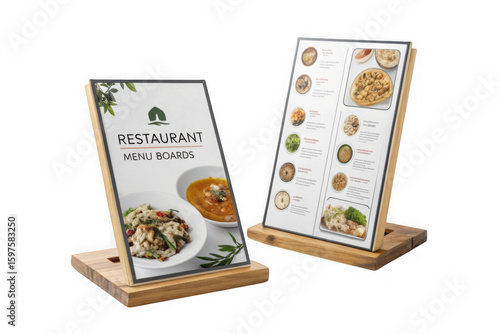 Two restaurant menu stands with food pictures isolated on transparent background
