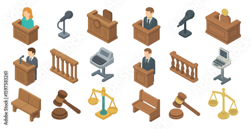 Courtroom and legal isometric icons set – justice, law, legal proceedings