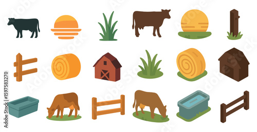 Farm life flat icons set – agriculture, barnyard, and rural elements symbols
