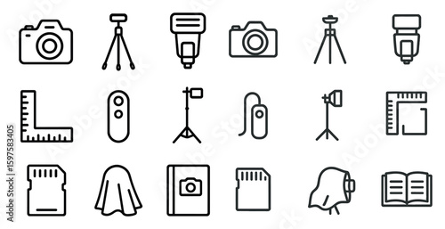 Photography and camera outline icons set – tools, equipment, photo gear symbols