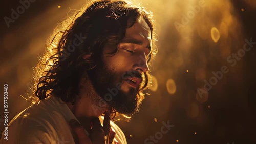 Portrait of Jesus gazing upward with light illuminating his face in a moment of reflection, portrait of Jesus looking up at the heavens with a single light ray from above illuminating his face