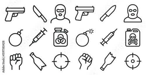 Crime and safety outline icons set – weapon, threat, security symbols