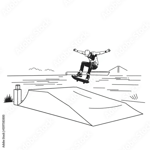 A skateboarder performing tricks on a riverside ramp