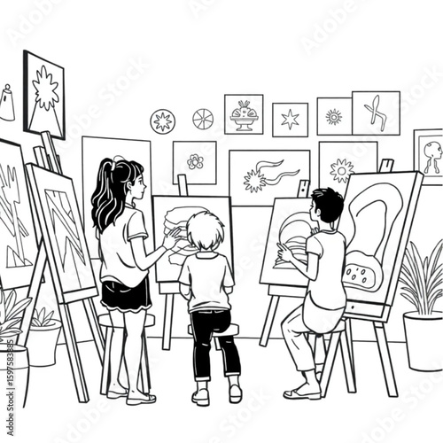 An art teacher critiquing students' work in a colorful studio