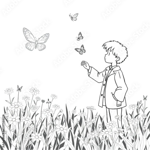 A young scientist releasing butterflies in a wildflower garden