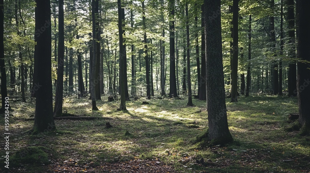 Fototapeta premium Sunlight filtering through a dense forest