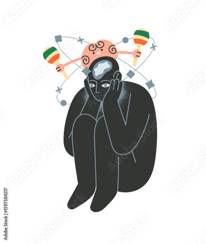 Concept of attention deficit hyperactivity disorder. ADHD, psychological illness, mental problem. Person suffers from anxiety. Psychology and health. Flat isolated vector illustration on white