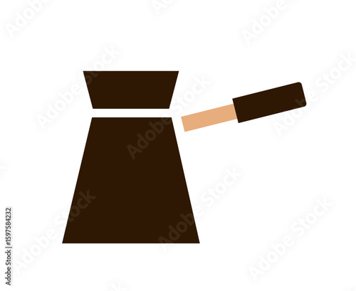 Turkish coffee pot icon with wooden handle. Traditional coffee brewing method concept