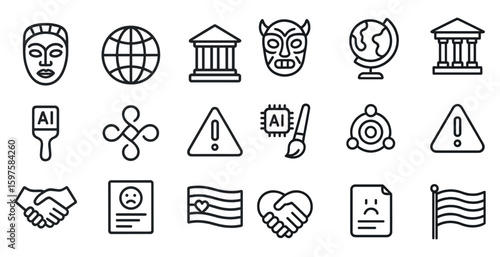 Cultural and historical outline icons set – line, world heritage, global symbols