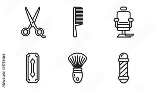 Six black line art icons of barber shop tools and furniture on white background scissors comb