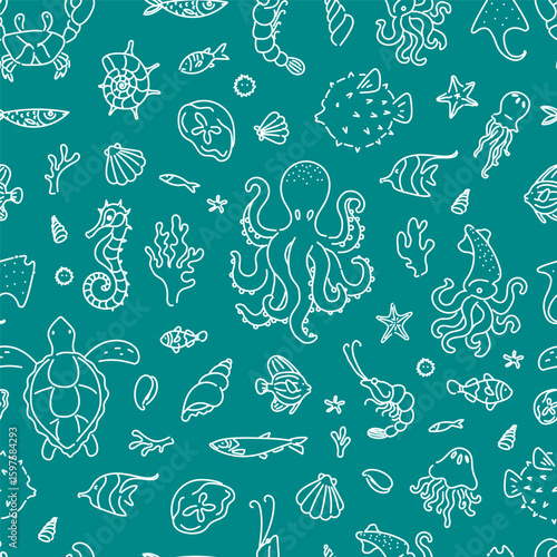 Seamless pattern with hand drawn marine animals including octopus, turtle, seahorse, jellyfish, squid, and fish on teal background.