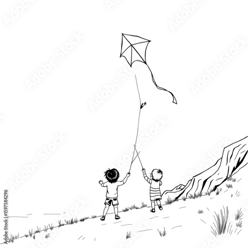 Siblings flying a giant kite at a windy seaside bluff