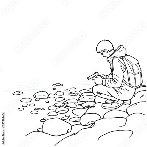 A researcher studying tide pools on a rocky coast