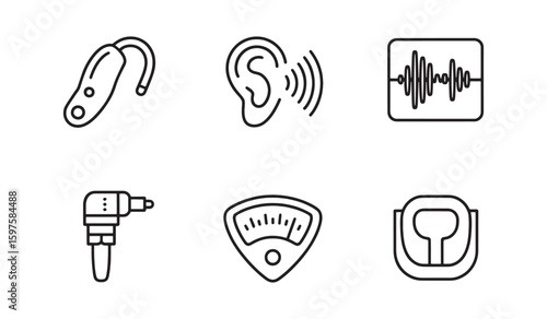 Six black line art icons related to hearing and audiology including a hearing aid ear sound waves audiometer and otoscope