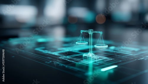 A blurred office backdrop features golden scales of justice positioned on a futuristic city map, complete with green lights, to represent the blend of legal technology and urban planning