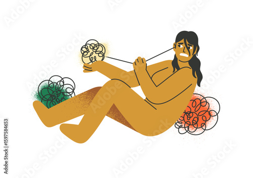 Obsessive compulsive disorder concept. Person with anxious thoughts worries, suffers from OCD. Mental problem, anxiety. Psychology, psychological health. Flat isolated vector illustration in white