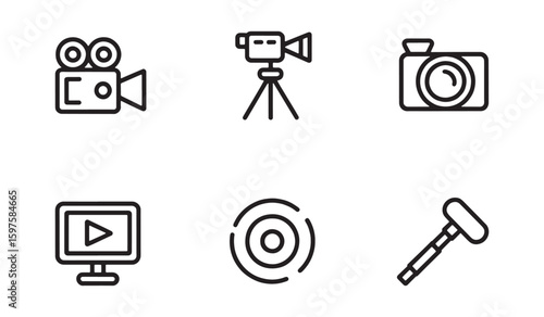 Six black outline icons for video production and media creation on white background video camera film camera