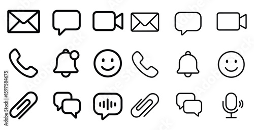 Communication and chat outline icons set – mail, video call, contact symbols