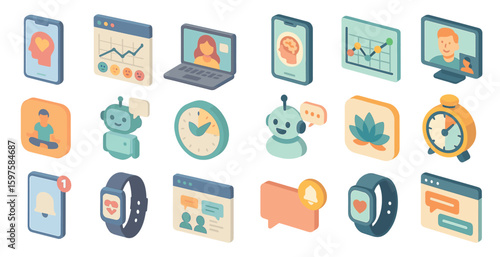 Mental health and wellness icons set – isometric, line, mindfulness and meditation graphics
