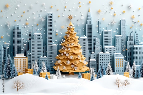 Golden Christmas Tree Snowy Cityscape winter snowflakes