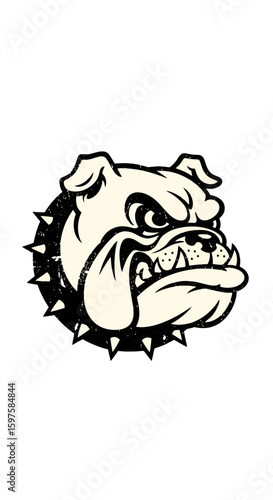 A fierce bulldog head, encircled by a spiked collar, rendered in a bold, black-and-white graphic style.