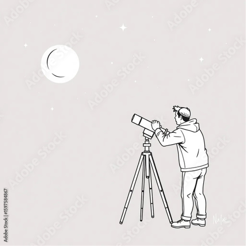 An astronomer adjusting a telescope beneath the stars