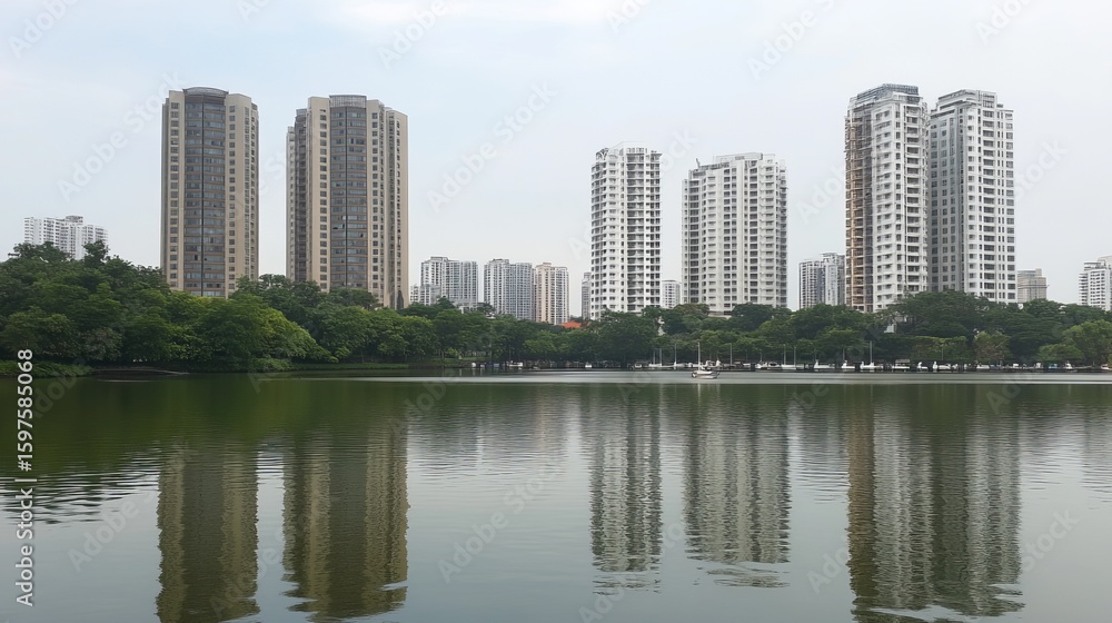 Fototapeta premium City skyline reflected in a calm lake. Lush green park surrounds the water's edge. Modern high-rise buildings stand on the far shore