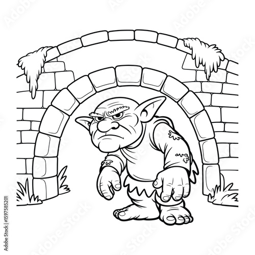 Troll under bridge Coloring Page, Vector, Illustration, Outline, Line Art, Silhouette, White Background.